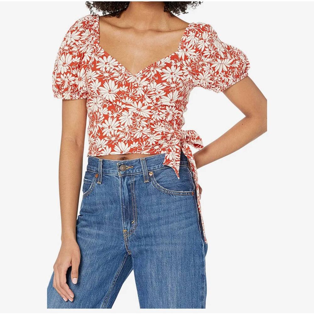 NWT Madewell Anita Abstract Floral Linen Blend Wrap Puff Top Women's Size XS